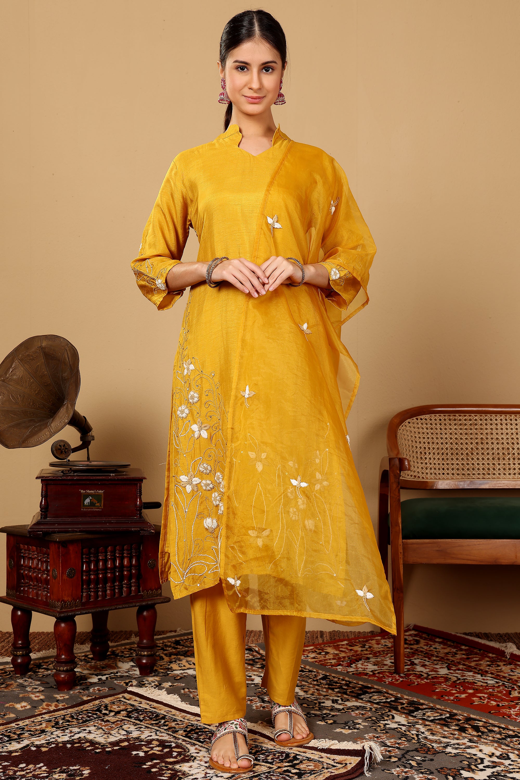 Mustard Suit Set In Cotton Linen With A Matching Dupatta