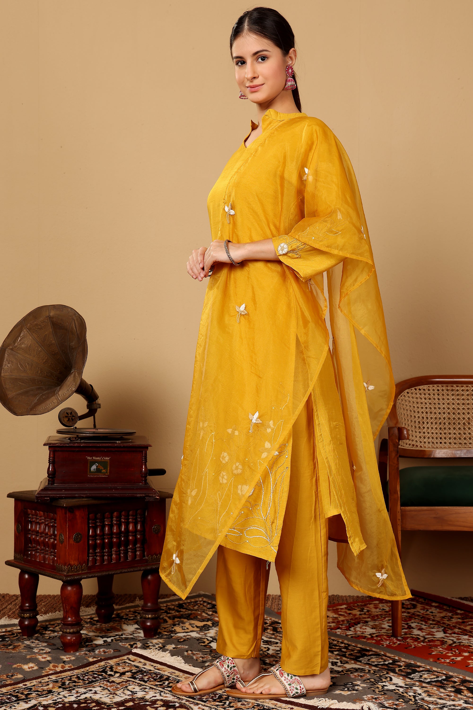 Mustard Suit Set In Cotton Linen With A Matching Dupatta