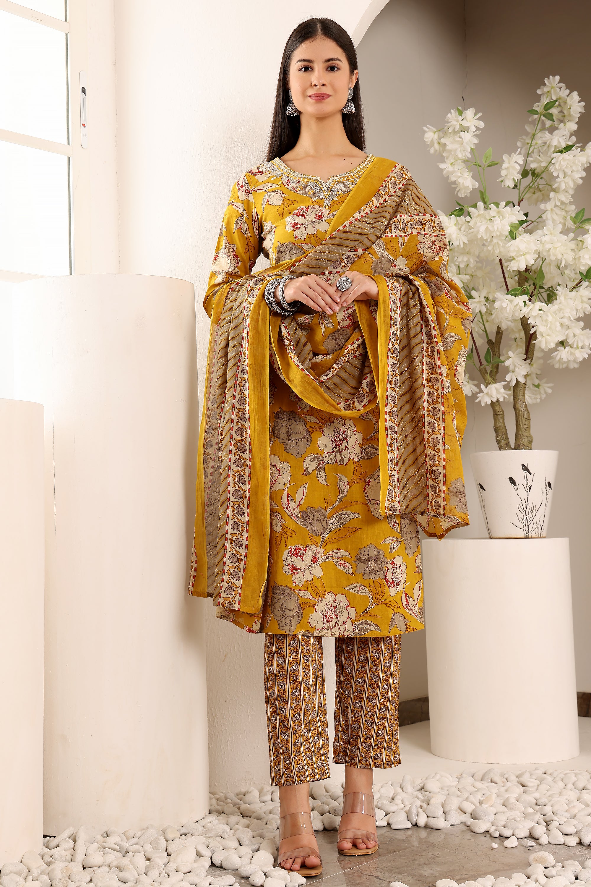 Mustard Floral Print Suit Set In Muslin With A Matching Dupatta