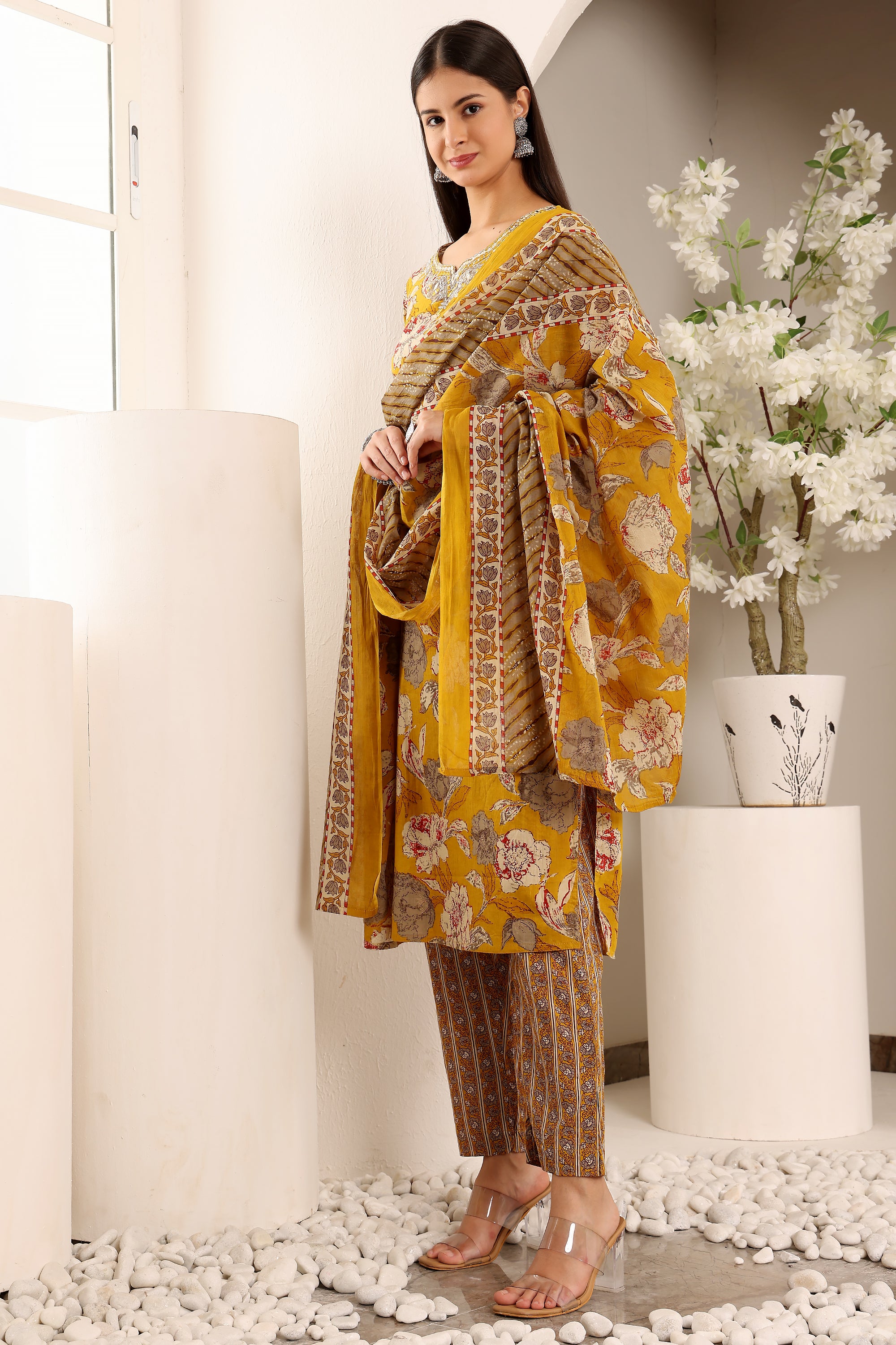 Mustard Floral Print Suit Set In Muslin With A Matching Dupatta