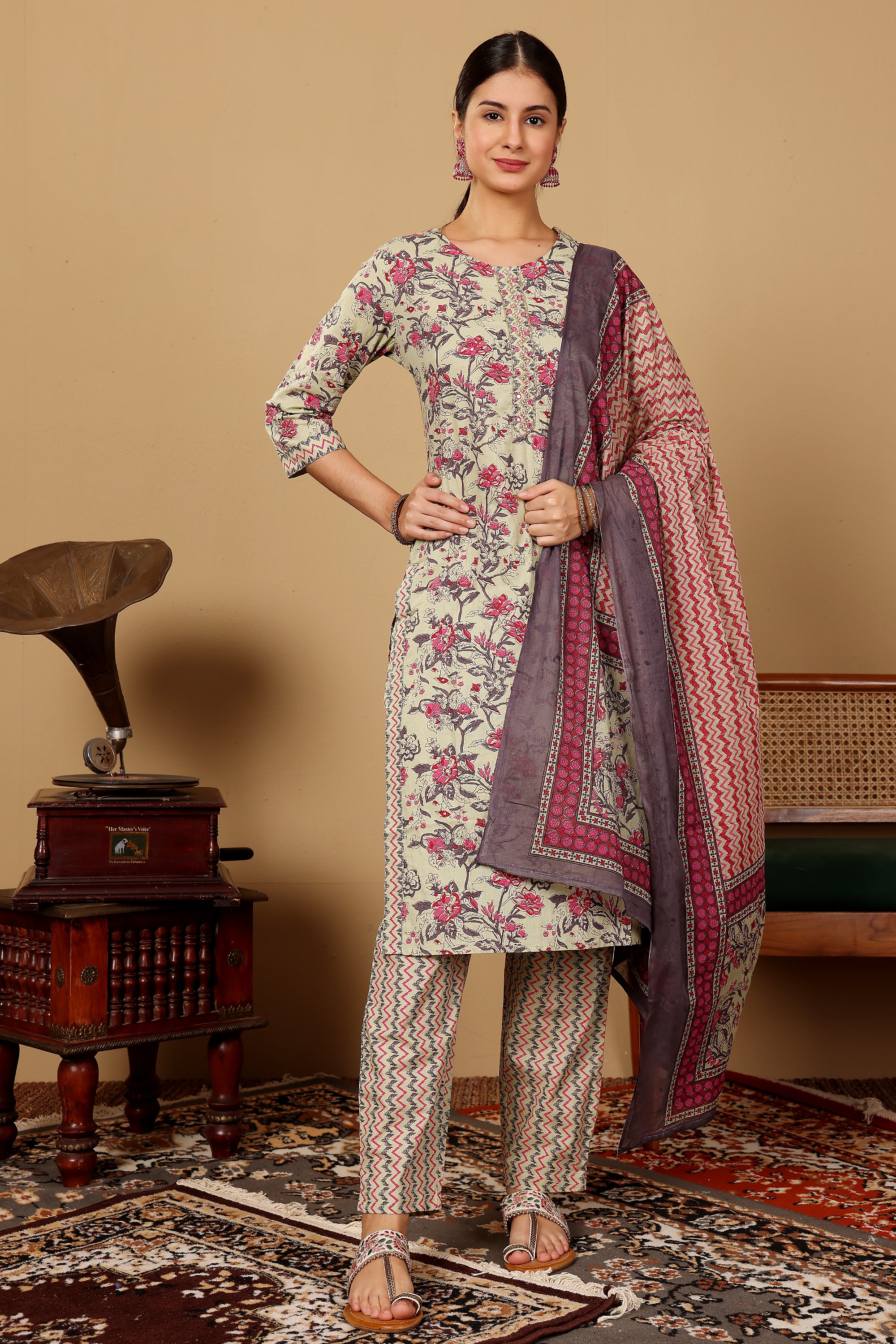 Beige Floral Printed Suit Set In Sabra Silk With A Pattered Dupatta