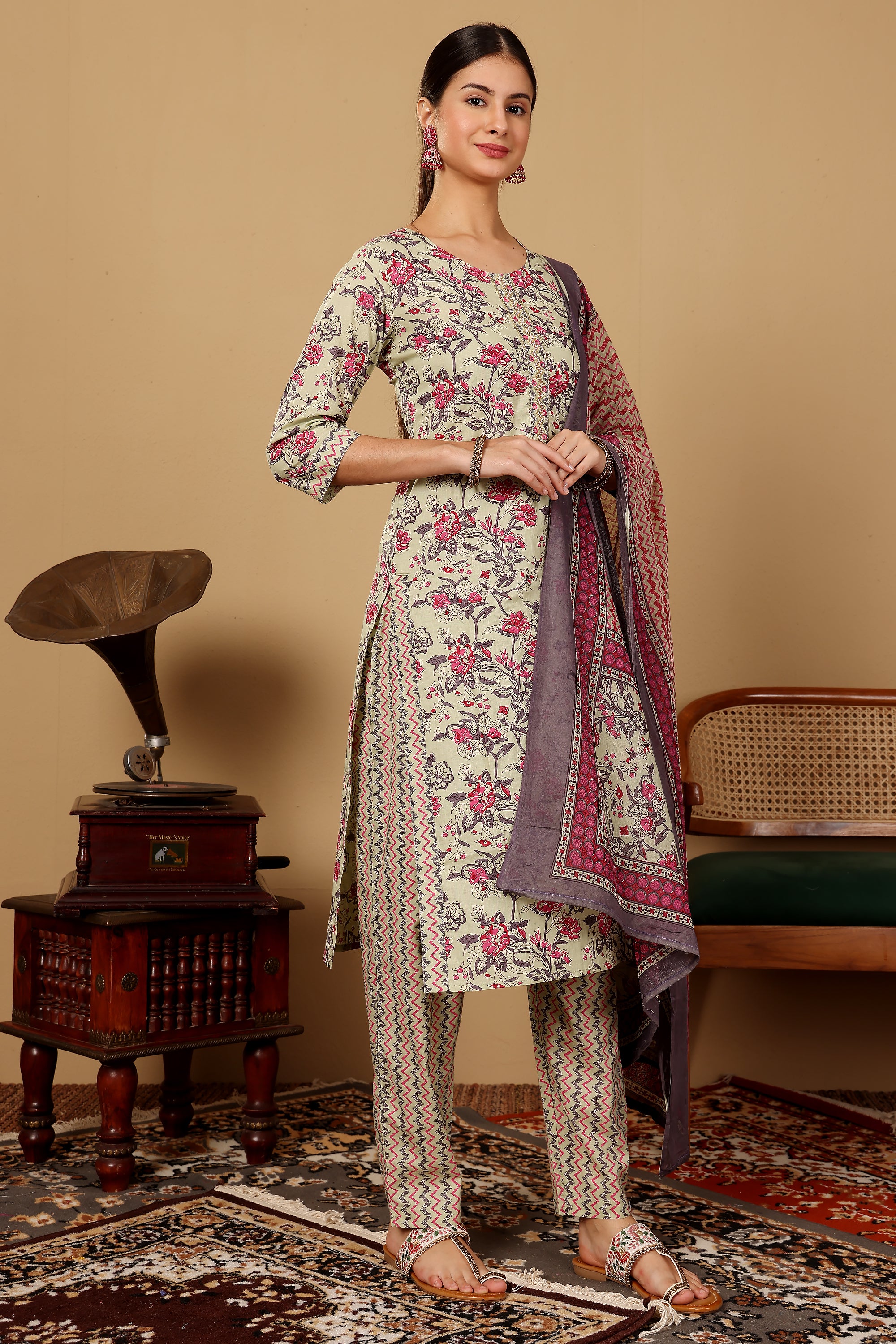 Beige Floral Printed Suit Set In Sabra Silk With A Pattered Dupatta