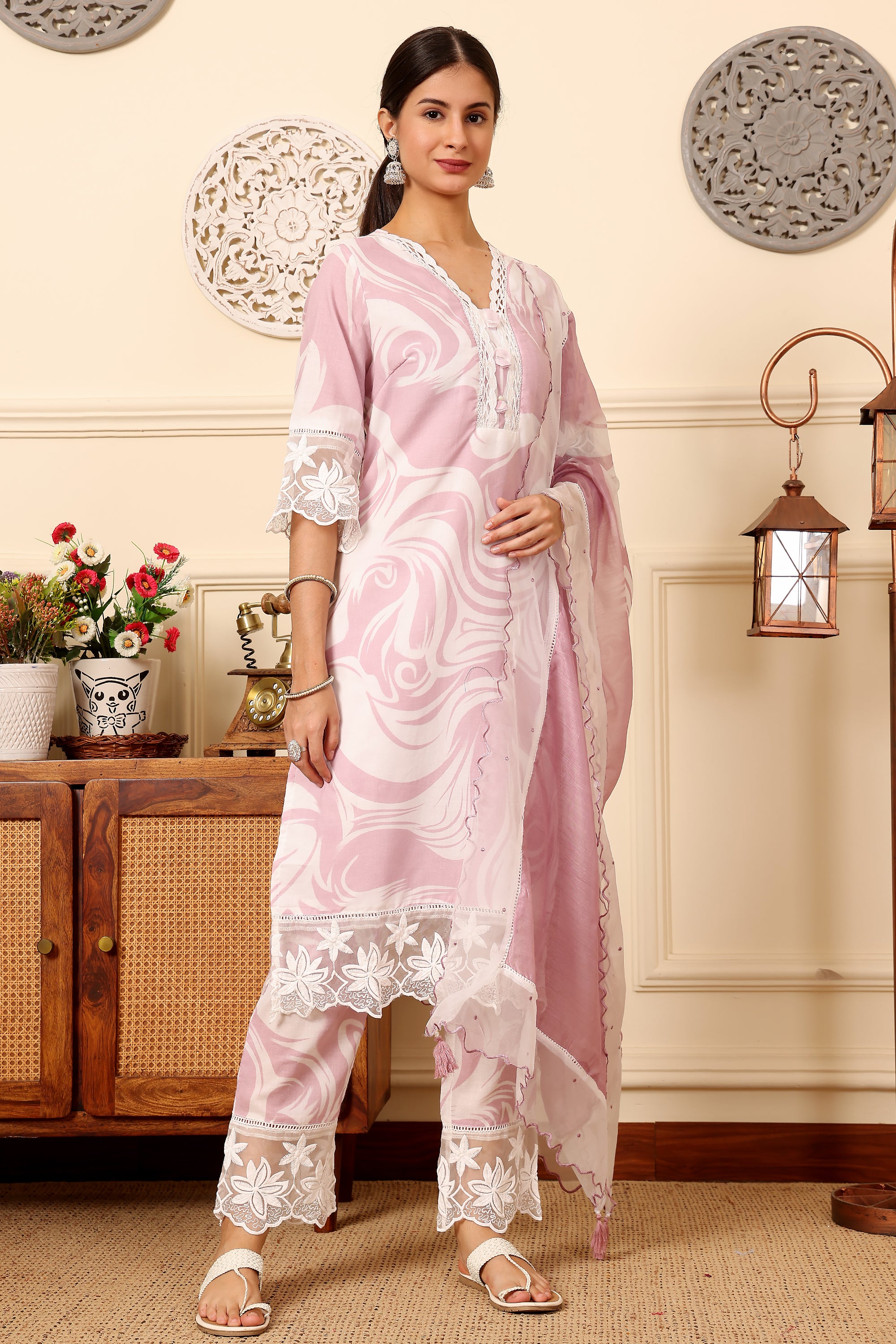 Light Pink Floral Print Suit Set In Sabra Silk With A Matching Dupatta